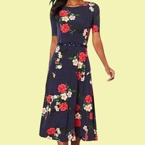 Nina Leonard Navy Polka Dot & Floral Midi Dress L